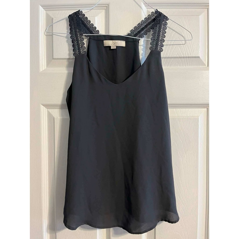 LOFT Steel Gray V-Neck Tank Top Crochet Lace Straps Crepe Blouse XS